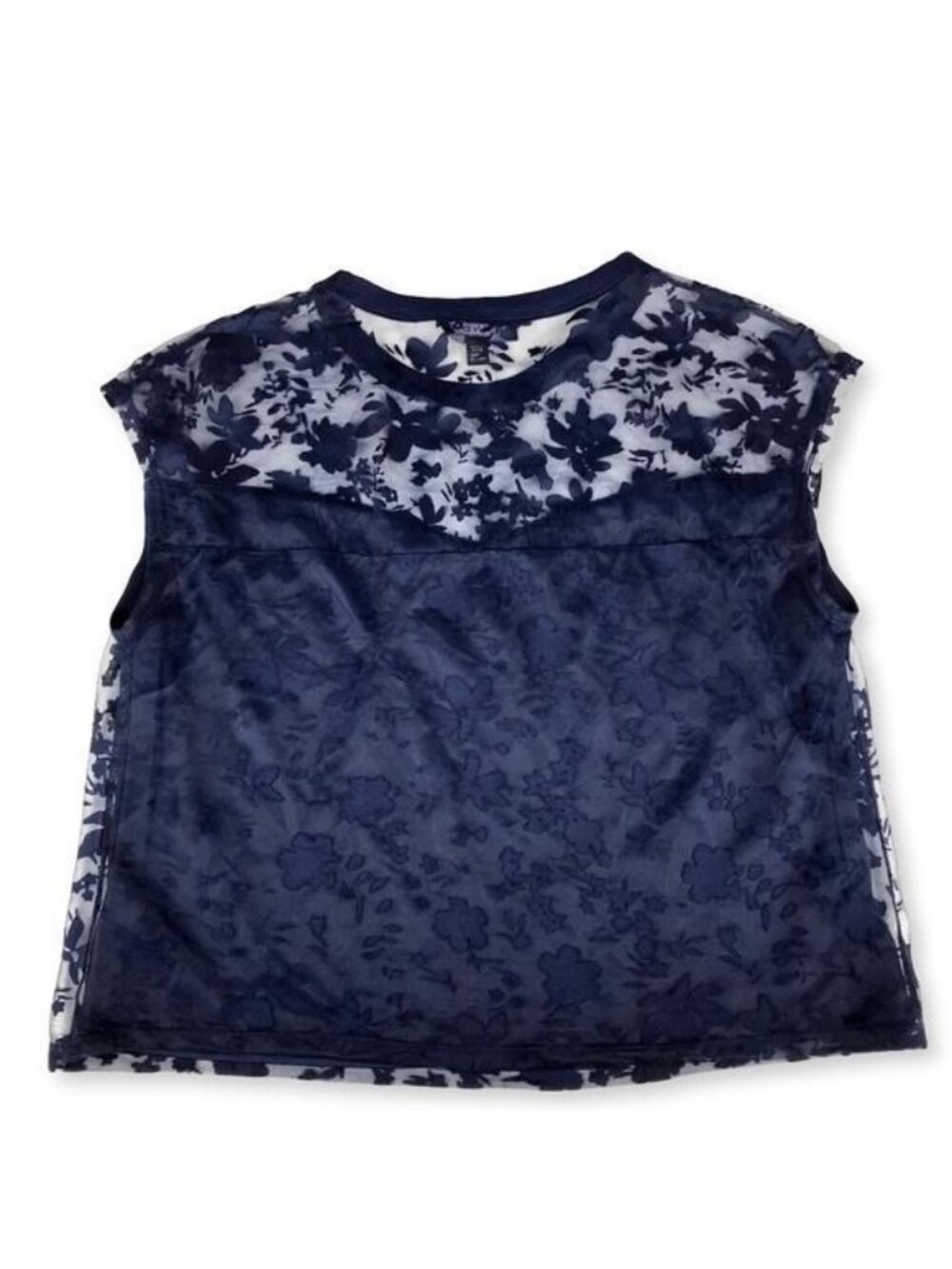 Laundry by Shelly Segal Navy Blue Sheer Floral Overlay Blouse Top Size Large